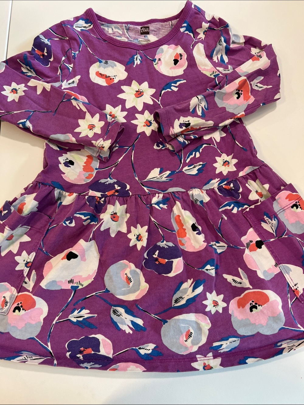 Tea - 4T, Purple Floral Long-Sleeve Pocket Dress Tunic